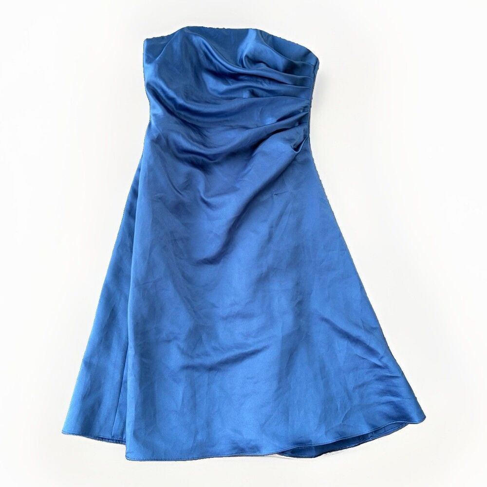 Alfred Angelo Bridesmaid Dress 4 Blue Satin Strapless Ruched Cocktail Formal